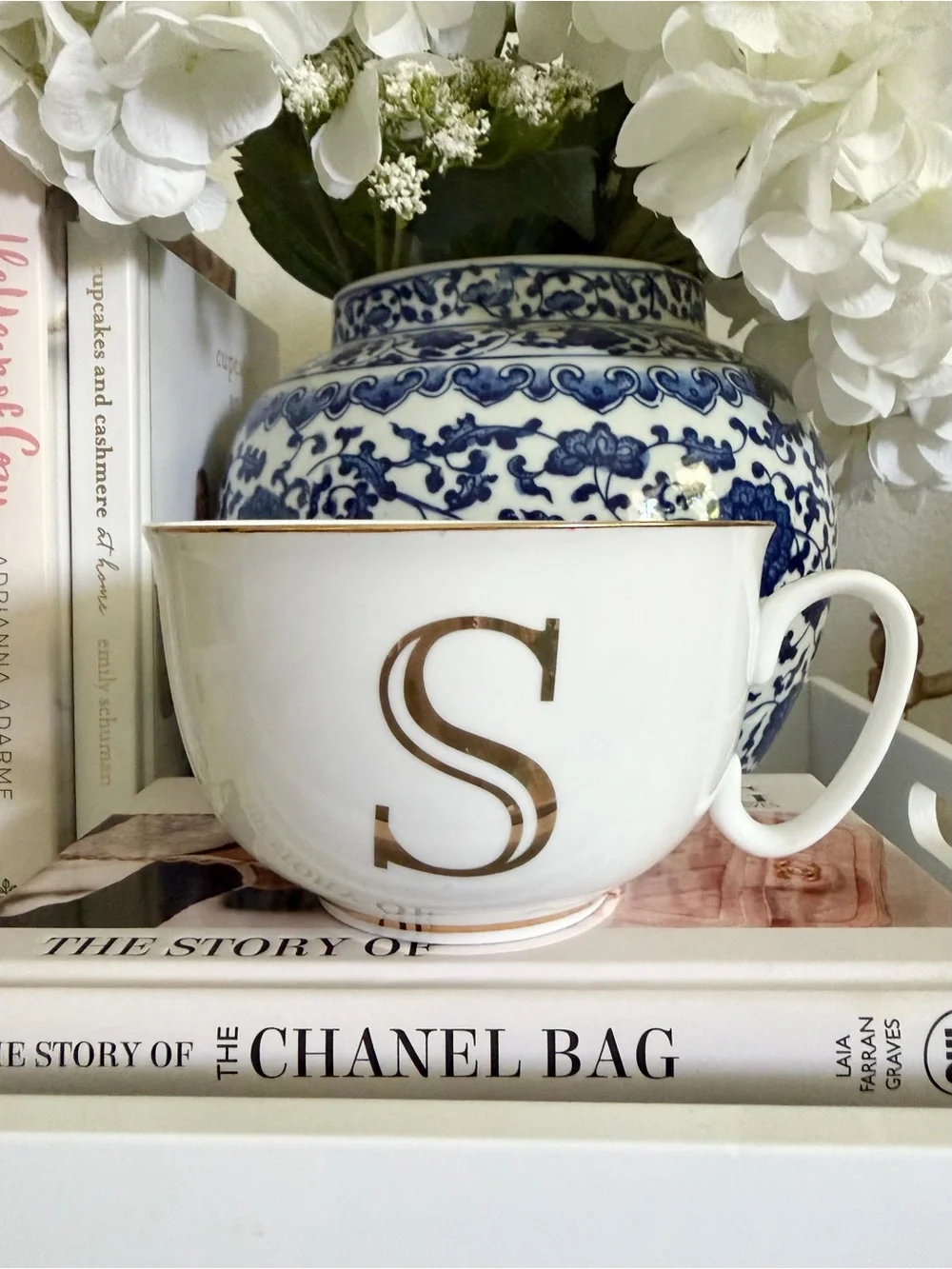 Monogram White Ceramic large Teacup with Gold 'S'
